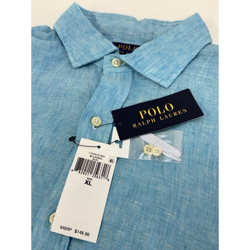 NWT Polo Ralph Lauren 100% Linen Shirt Aqua Blue L/S Mens Size XL $148